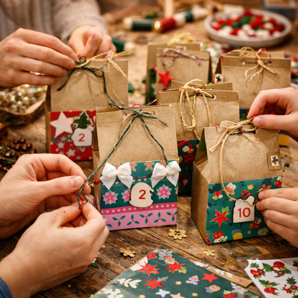 Atelier Calendrier de l’Avent à Créa Cœur : participants personnalisent 24 pochettes pour créer un calendrier de l’Avent unique, adapté aux enfants accompagnés et aux adultes.