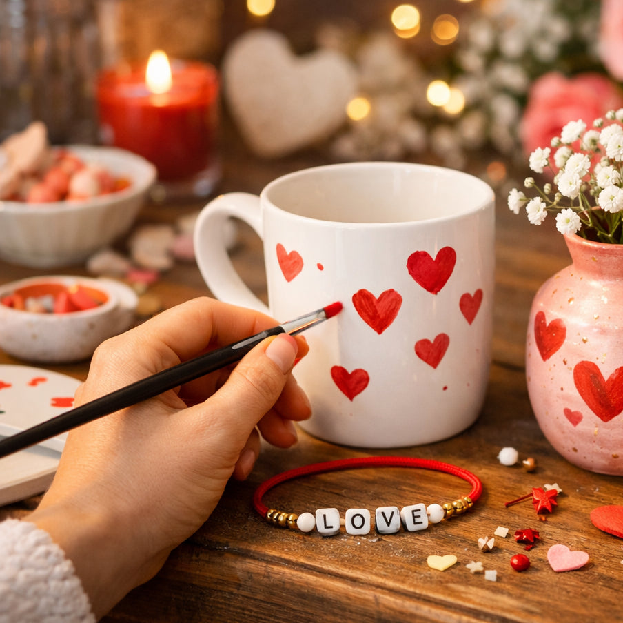 Atelier Saint-Valentin chez Créa Cœur à Romorantin-Lanthenay : participant créant un bracelet et une tasse personnalisés, ambiance conviviale et chaleureuse.