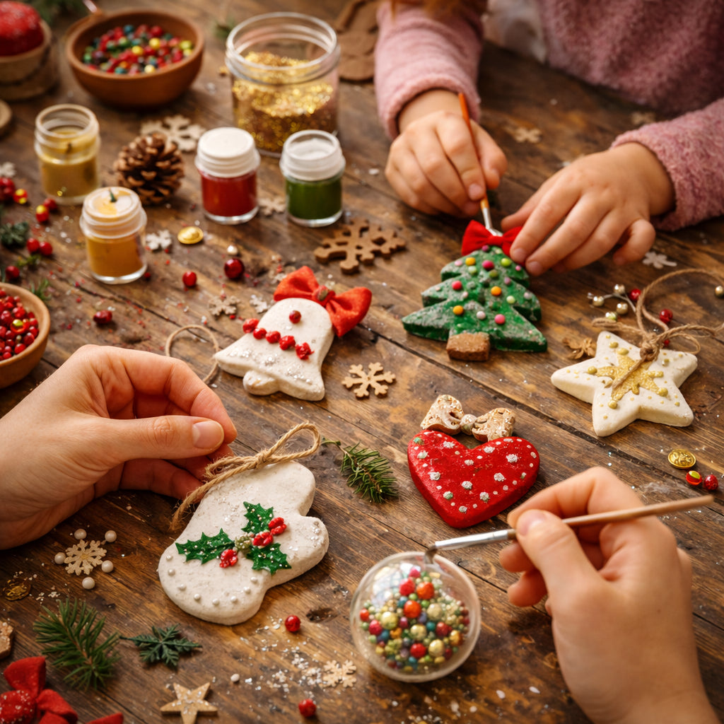 Atelier Ornements magiques à Créa Cœur : enfants et adultes créent des ornements de Noël faits main dans une ambiance festive et chaleureuse.