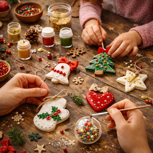 Atelier Ornements magiques à Créa Cœur : enfants et adultes créent des ornements de Noël faits main dans une ambiance festive et chaleureuse.