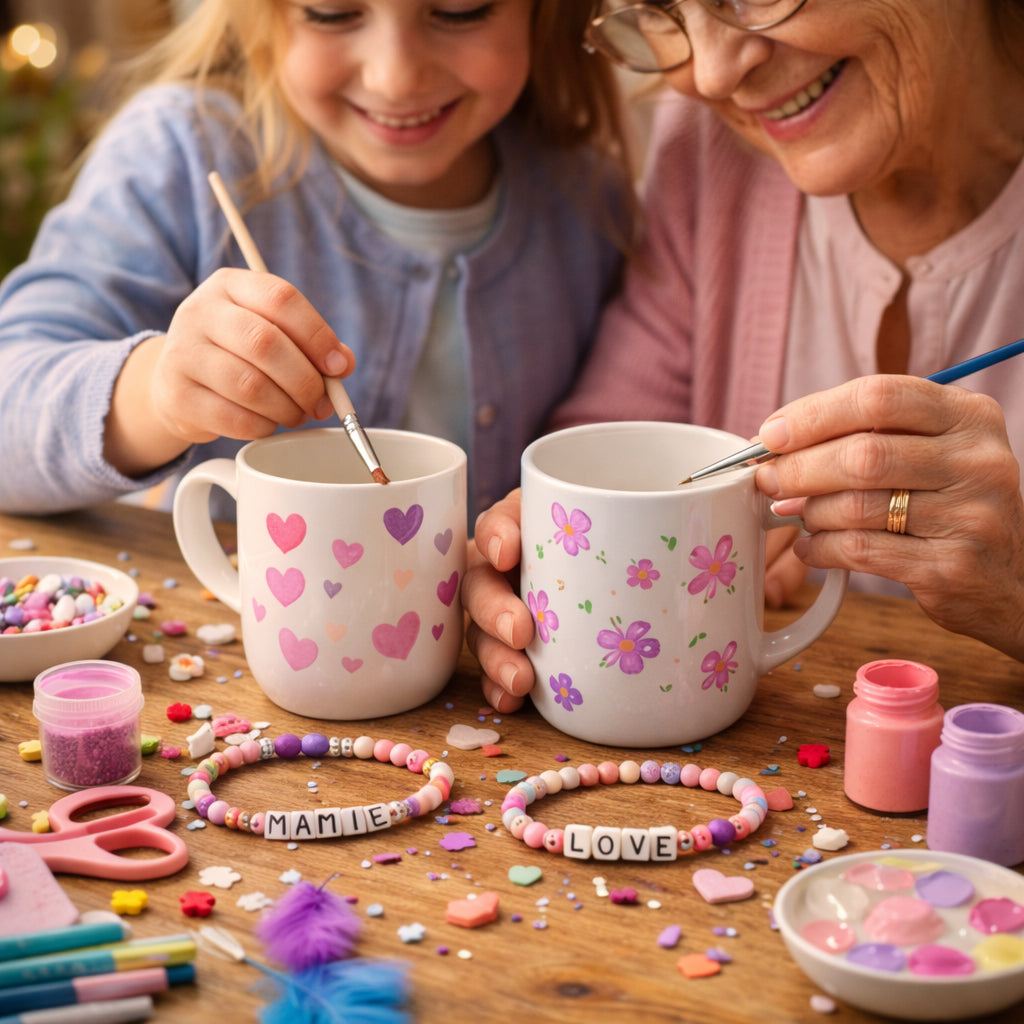 Atelier Fête des Grands-Mères à Créa Cœur : un enfant et son adulte créent ensemble des bracelets et tasses assortis dans une ambiance douce et conviviale.