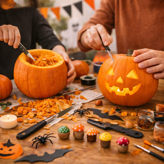 Atelier Halloween à Créa Cœur : enfants et adultes creusent et décorent des citrouilles dans une ambiance festive et conviviale.