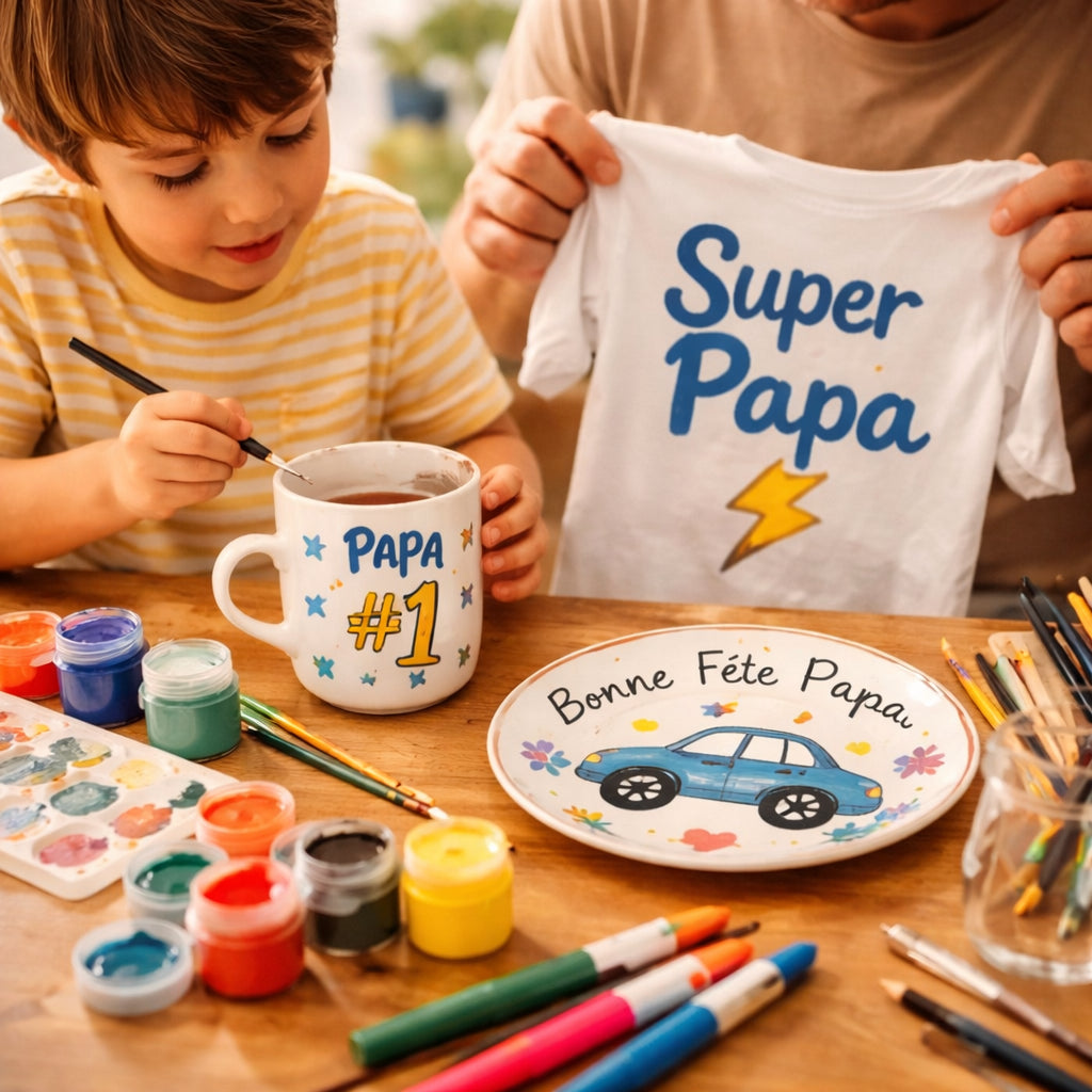 Atelier Fête des Pères à Créa Cœur : enfants et adultes créent ensemble t-shirts, tasses et assiettes personnalisés dans une ambiance conviviale et créative.