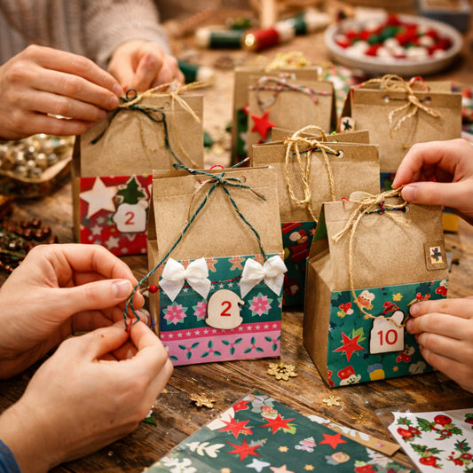 Atelier Calendrier de l’Avent à Créa Cœur : participants personnalisent 24 pochettes pour créer un calendrier de l’Avent unique, adapté aux enfants accompagnés et aux adultes.