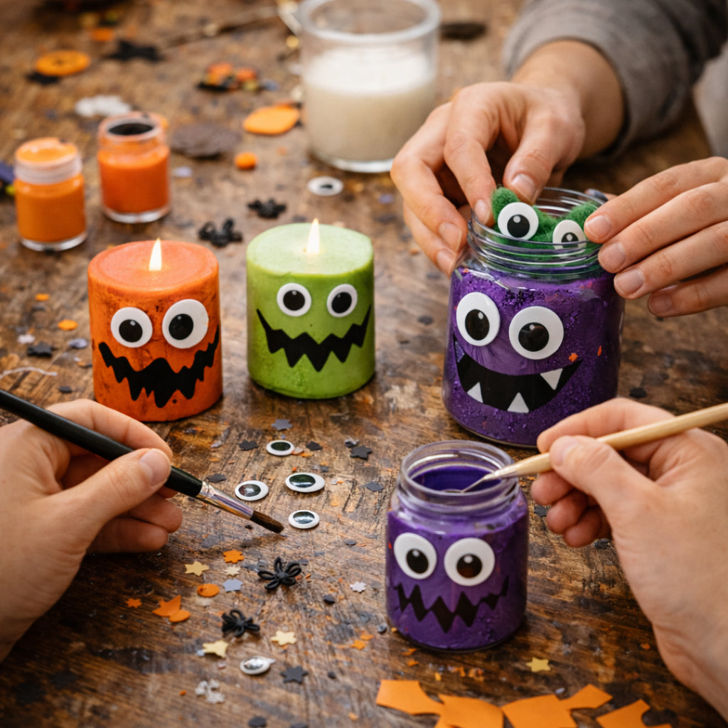 Atelier Halloween – Création de petits monstres à Créa Cœur, Romorantin-Lanthenay : atelier créatif pour enfants et adultes, solo ou en famille. Personnalisez bougies et pots pour Halloween.