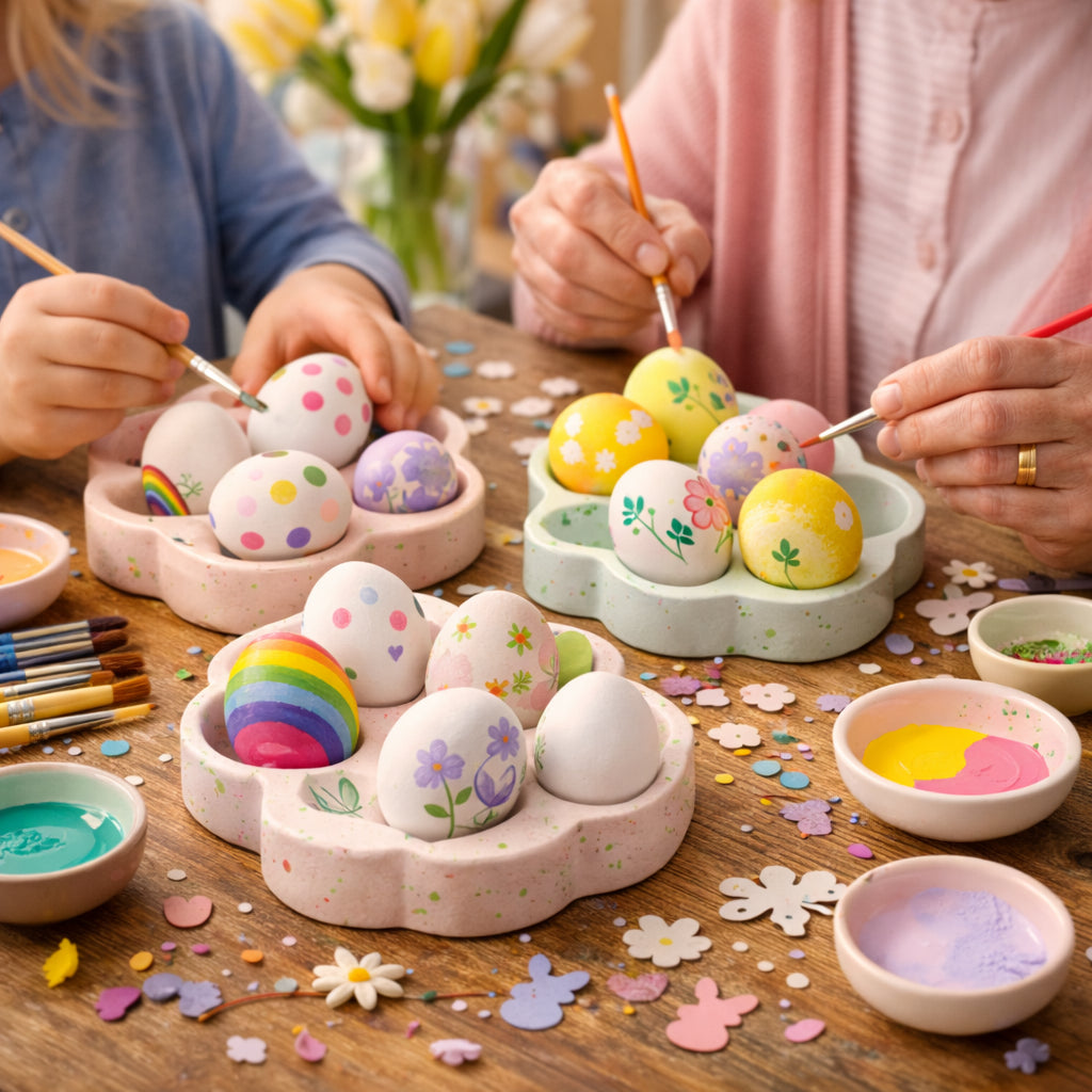 Atelier de Pâques à Créa Cœur : enfants et adultes créent ensemble des plateaux à œufs et décorent des œufs dans une ambiance joyeuse et conviviale.