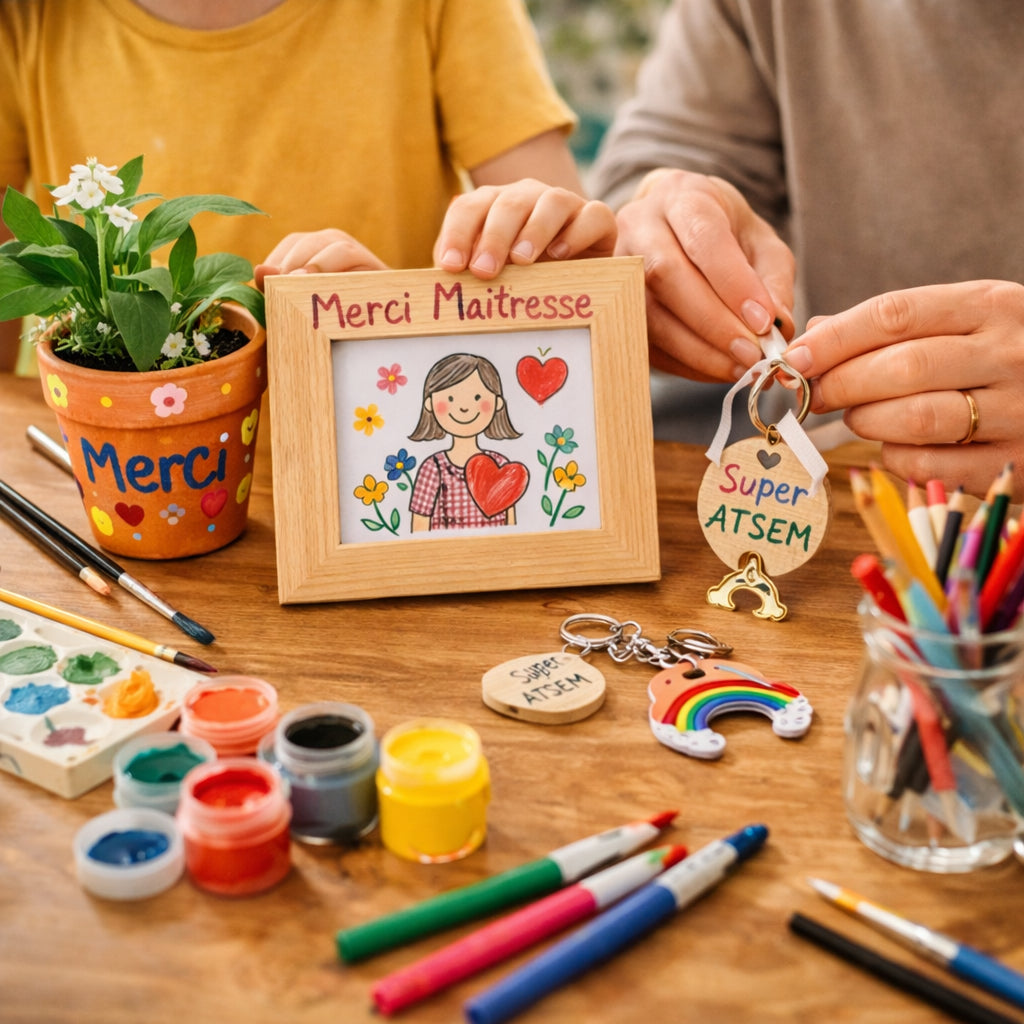 Atelier Cadeaux de fin d’année scolaire à Créa Cœur : enfants et parents créent pot de fleurs, cadre et porte-clés personnalisés dans une ambiance ludique et conviviale.