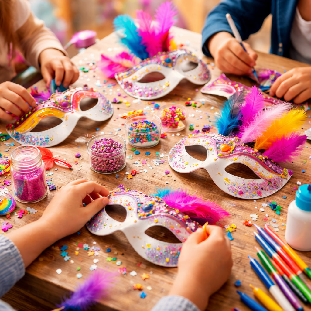 Atelier Carnaval chez Créa Cœur à Romorantin-Lanthenay : participant créant un masque coloré et personnalisé, ambiance festive et conviviale.