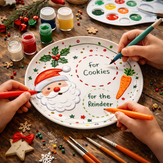 Atelier Assiette spéciale Noël à Créa Cœur : enfant décorant une assiette de Noël personnalisée dans une ambiance festive et chaleureuse.