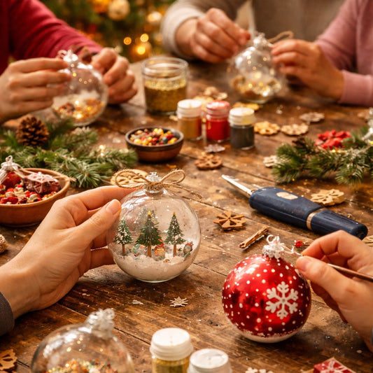 Atelier Boules de Noël à Créa Cœur : enfants et adultes personnalisent des boules de Noël avec peinture et décorations dans une ambiance chaleureuse.