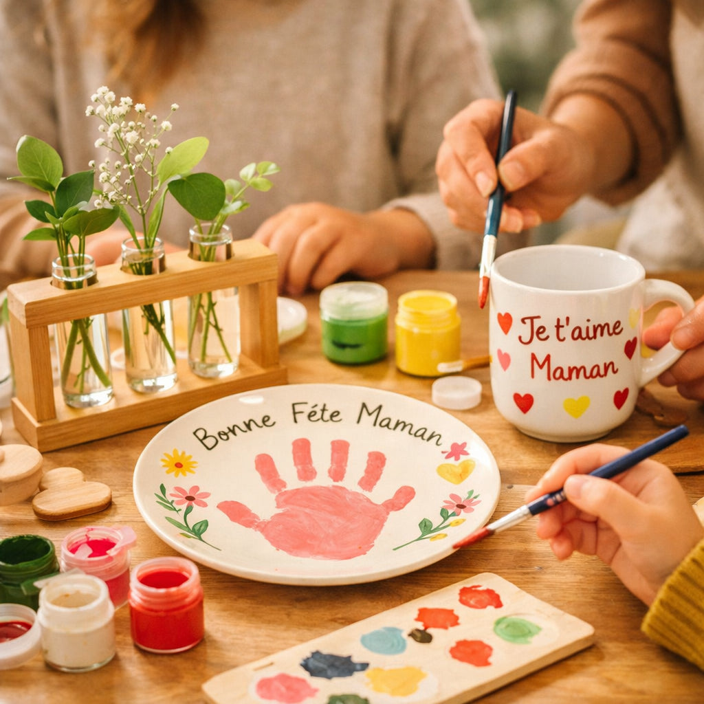 Atelier Fête des Mères à Créa Cœur : enfants et adultes créent ensemble porte-boutures, assiettes à empreinte et tasses personnalisées dans une ambiance conviviale.